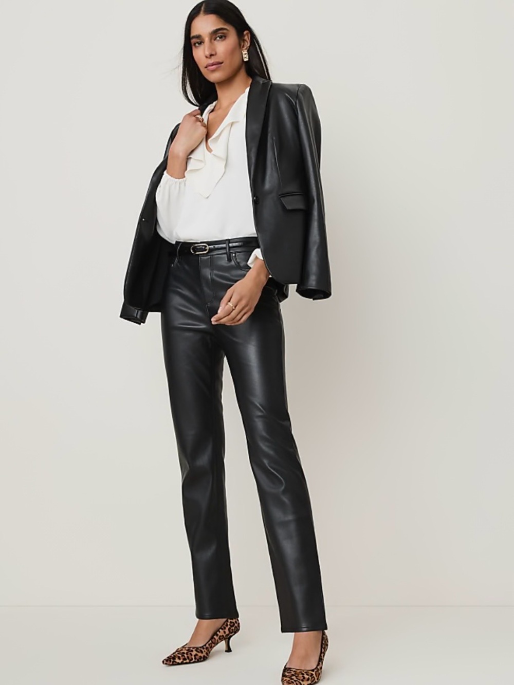 Ann Taylor Black Faux Leather Pants 18 Petite Straight High Waist Minimalist NWT